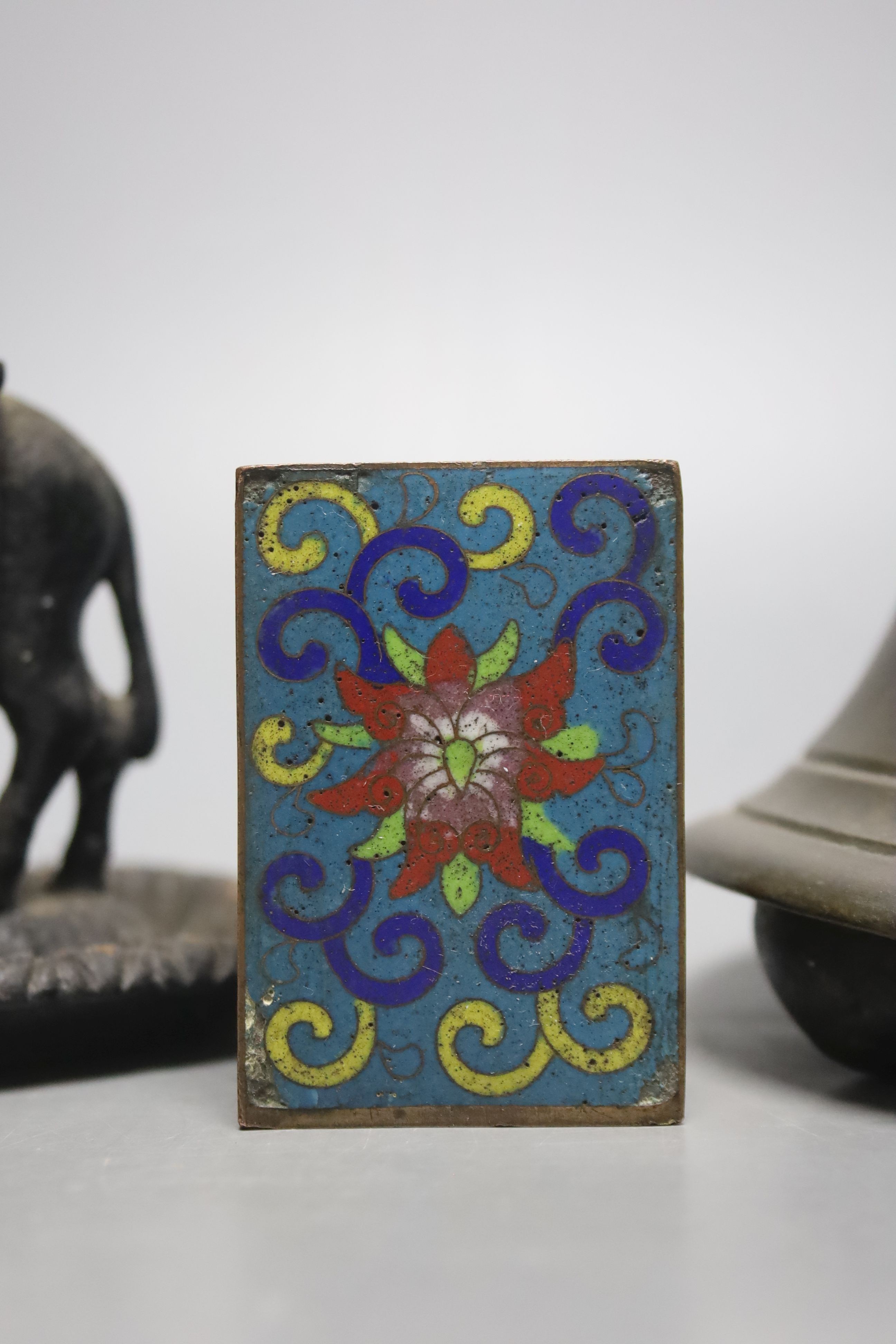 A brass handbell, iron donkey matchbox holder plus cloisonné matchbox cover. Bell, 23cms high.